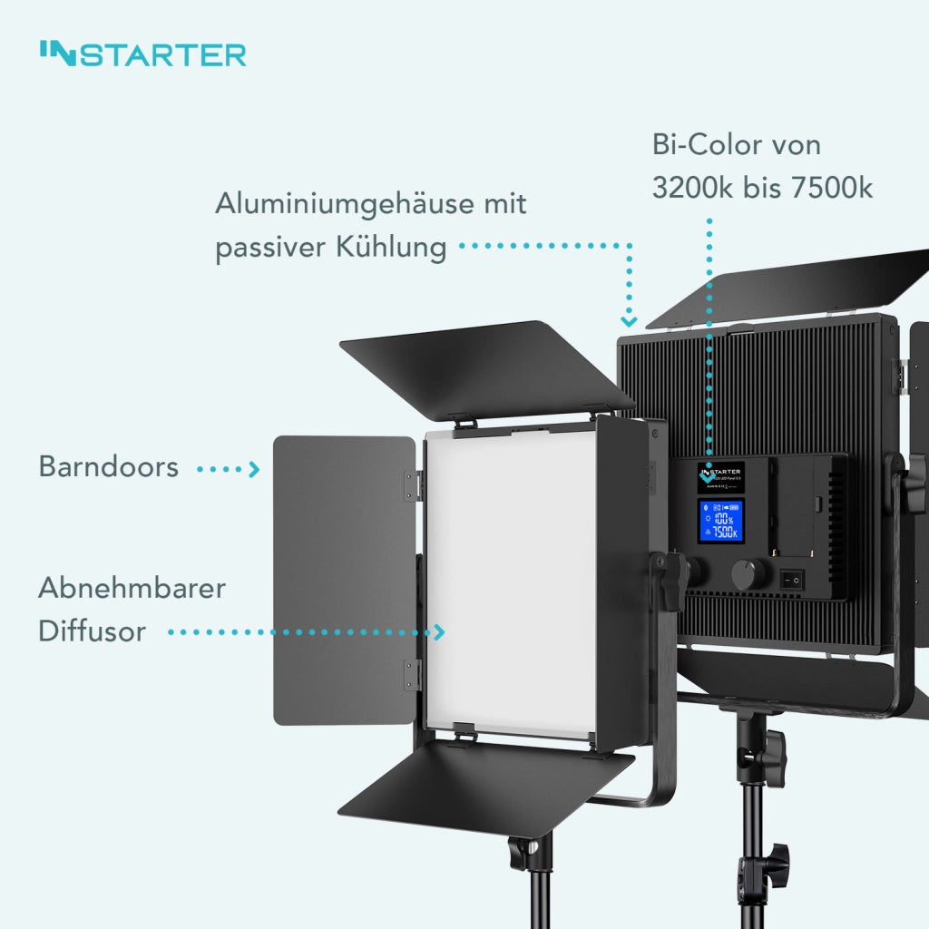 Instarter Luce video a LED con treppiede e controllo tramite app per vlogger e influencer I Potente 60W come luce dimmerabile per streaming e foto I Ruotabile a 360° I Luce calda e fredda