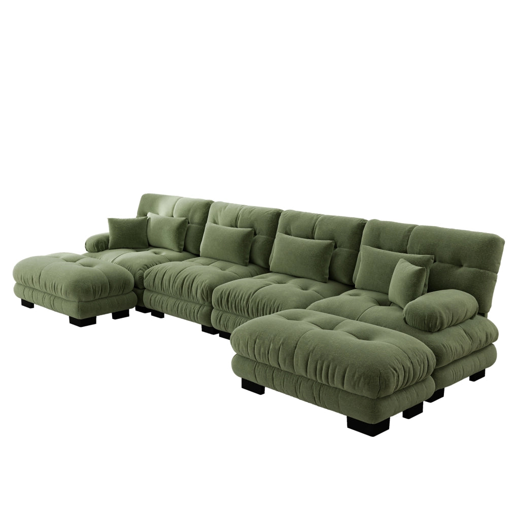 Divano modulare in chenille verde con ottomane mobili; configurazione a U; L o lineare