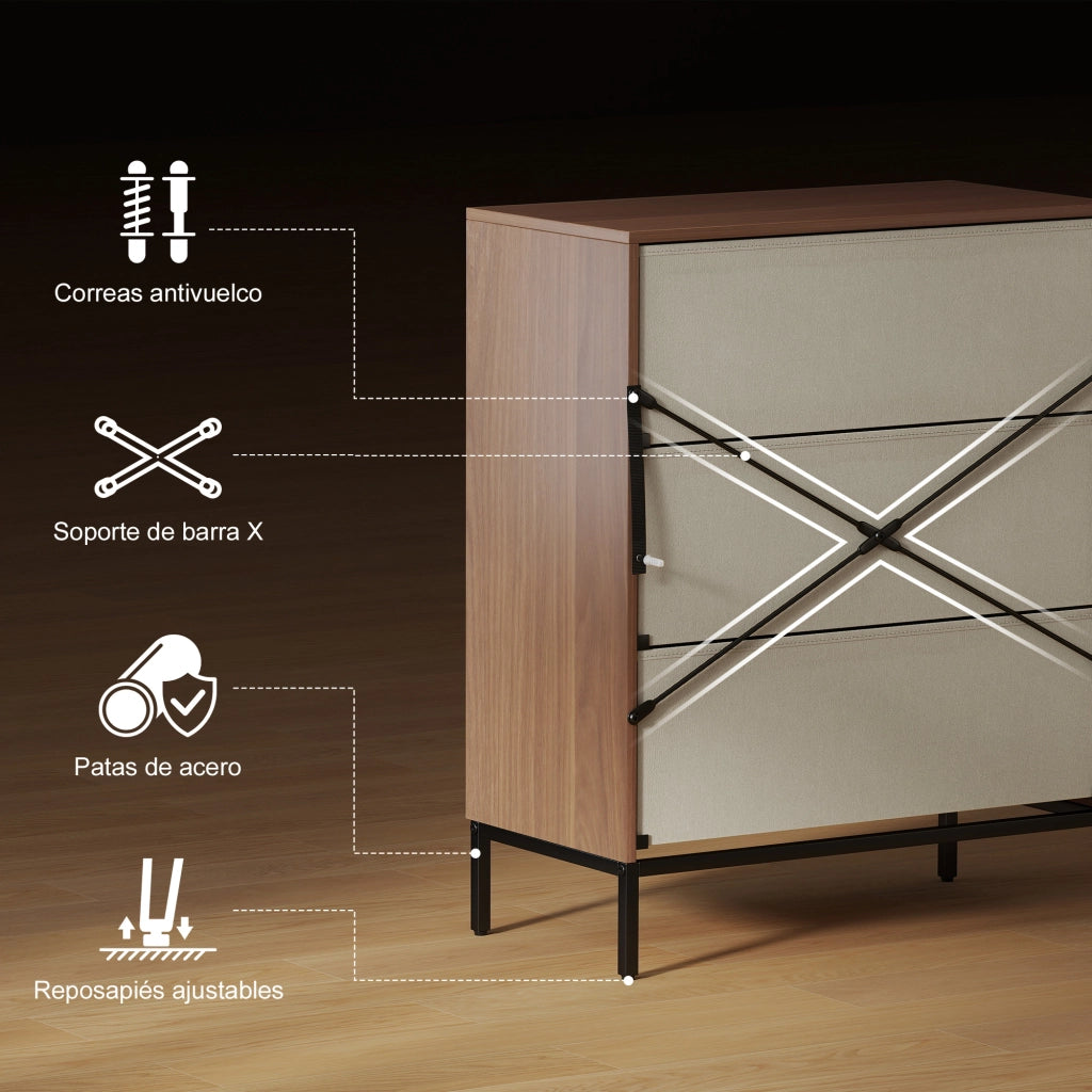 Com¨° con 3 Cassetti in Tessuto Effetto Diamantato ¨C Zephmum ¨C Bianco e Naturale 60x40x40