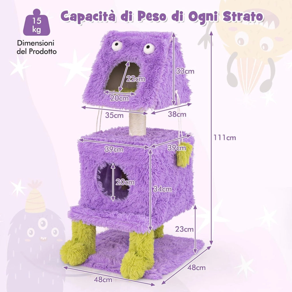 Albero per Gatti, Torre di Gatti a Tema Mostro Carina con 2 Nidi Privati, Palo per Graffio in Sisal e Giocattoli Pendenti, Centro Attività a 3 Livelli per Gatti