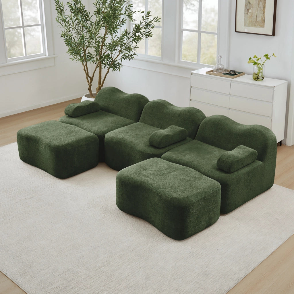 Divano angolare modulare a u 3 posti senza struttura con seduta profonda e pouf collegabili in velluto verde