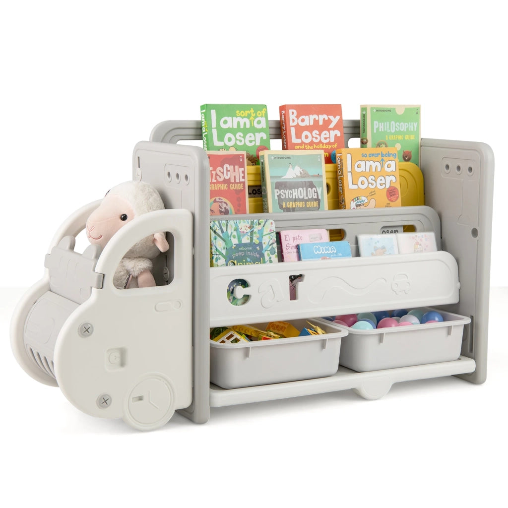 Mobile Portagiochi e Libreria per Bambini a Forma di Auto con 2 Scatole e 3 Ripiani Facile da Montare Altezza 63,5 cm