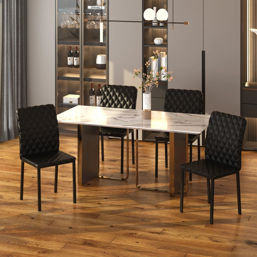 Set 4 Sedie da Pranzo in Finta Pelle con Cuciture a Rombi e Gambe in Metallo, Nero