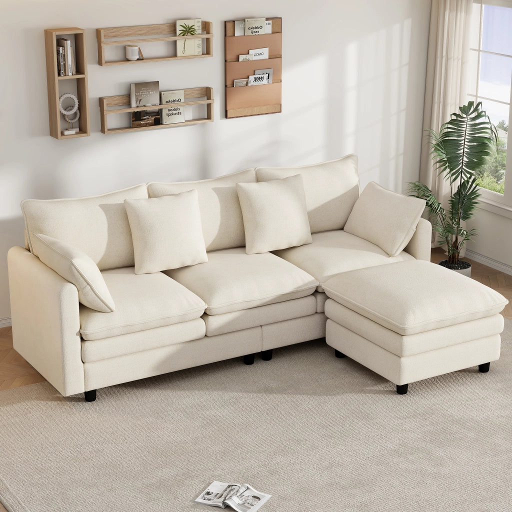 Divano angolare 3 posti - con chaise longue mobile e 4 cuscini - in chenille beige