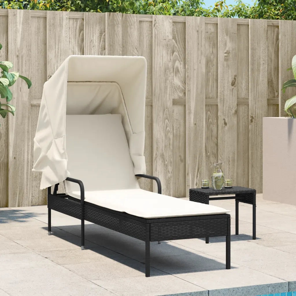 Lettino Prendisole | Sdraio da giardino | Lettino da sole con Baldacchino e Tavolino Nero Polyrattan
