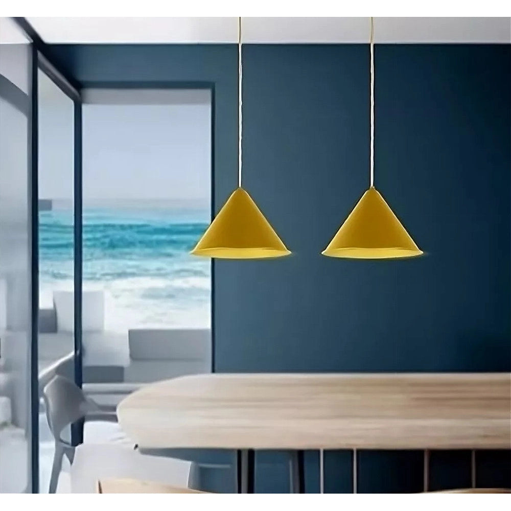 Trade Shop - Lampadario A Sospensione E27 Ferro Paralume Moderno Contemporaneo Cono Oro Bianco 33368 -