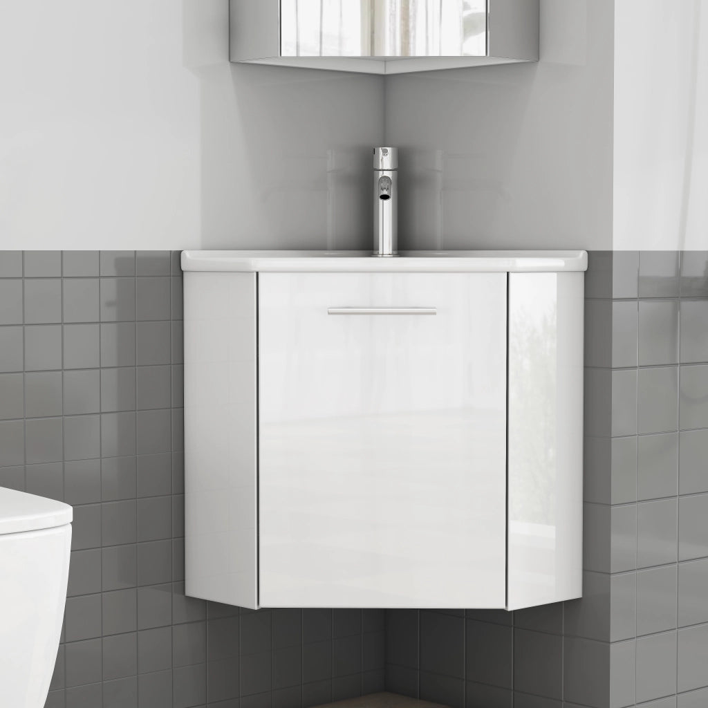 Mobile angolare da bagno con lavabo in ceramica lucida e paraspruzzi, completamente preassemblato per una facile installazione, lavabo angolare
