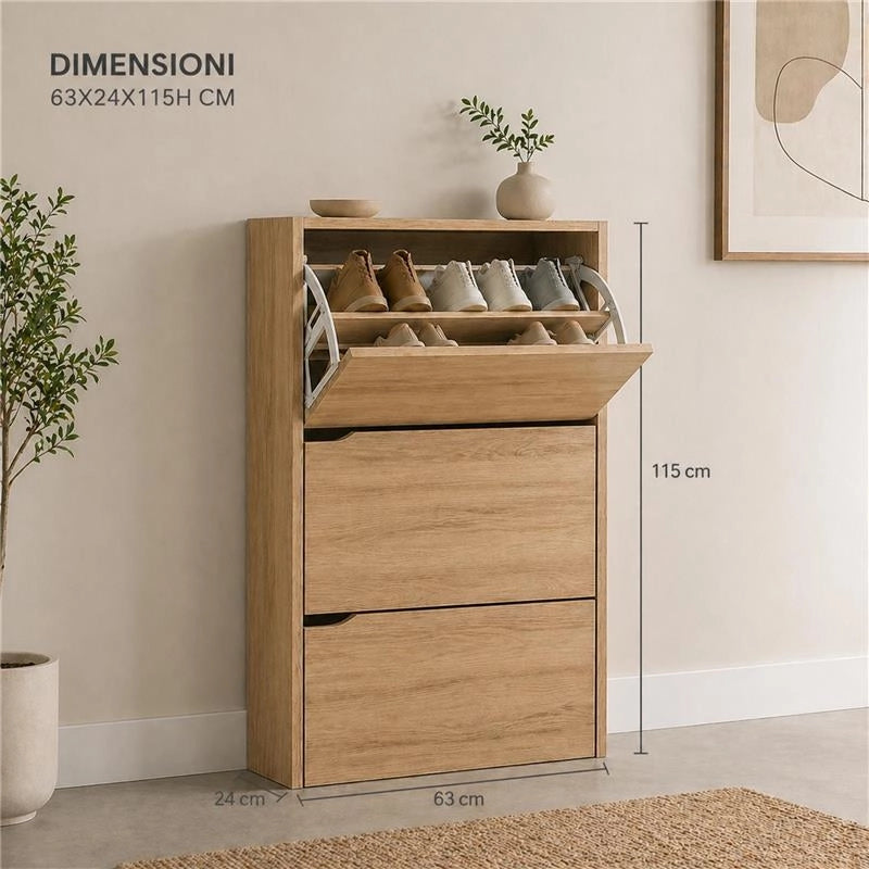 SCARPIERA LINEA HARMON A 3 ANTE E PANNELLO RERTROSTANTE IN MDF COLORE ROVERE MISURA 63X24X115 CM