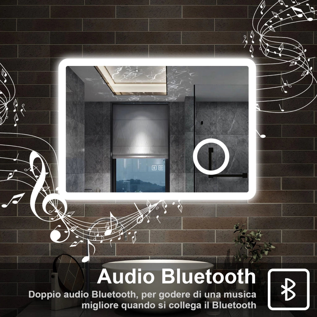 specchio rettangolare 80x60 cm con luce dimmerabile a 3 colori, bluetooth, antiappannamento e ingranditore 3x