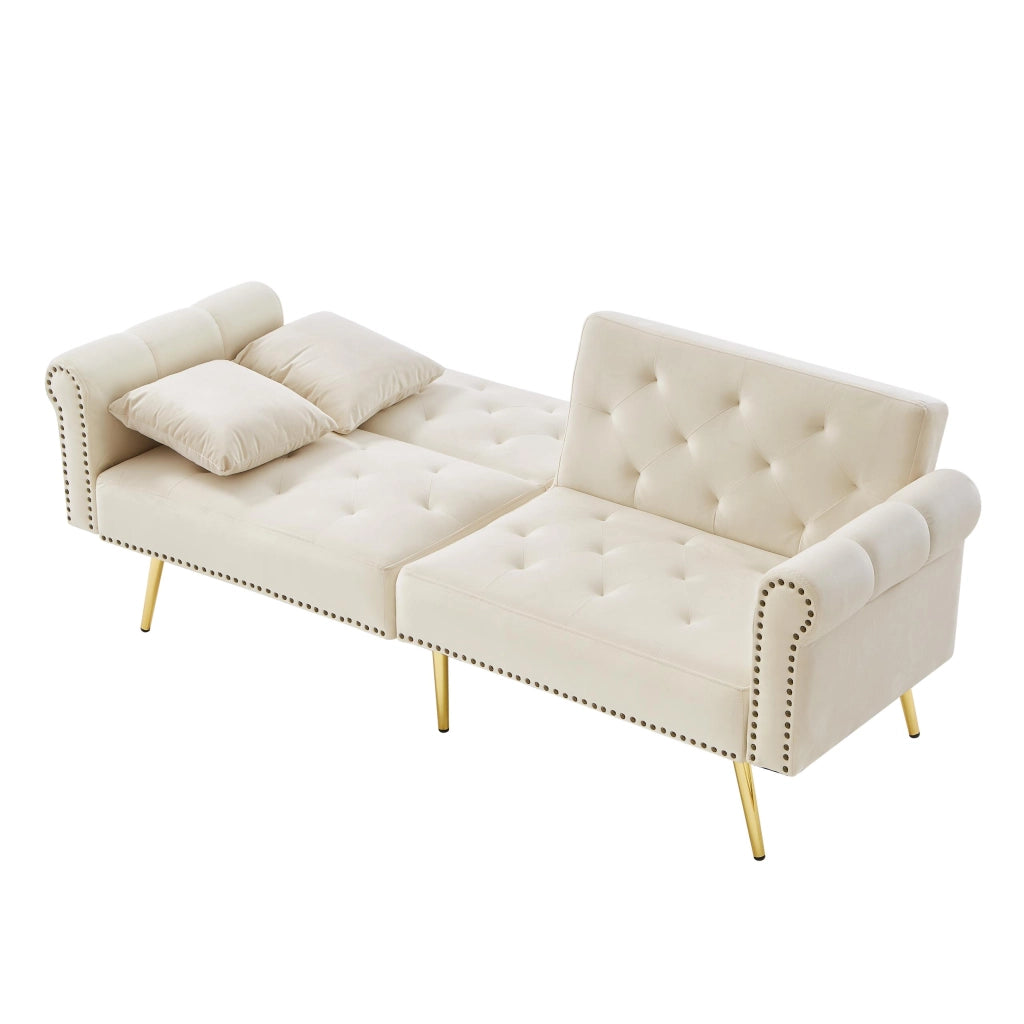 OKWISH Divano letto 2 posti, doppio schienale regolabile in 3 posizioni con 2 cuscini e spazio inferiore, Velluto Beige