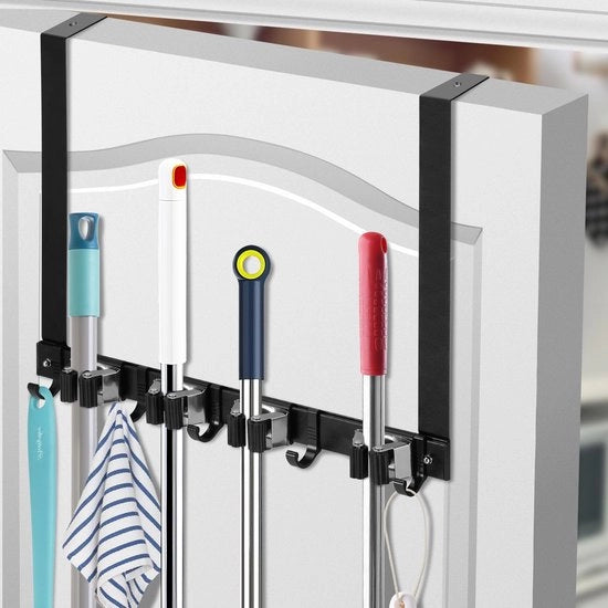 Organizzatore per Pennelli e Aspirapolvere in Alluminio, Sostegno per Pennello e Aspirapolvere con 5 Alloggiamenti e 4 Ganci per Casa, Cucina, Bagno, Garage, Giardino