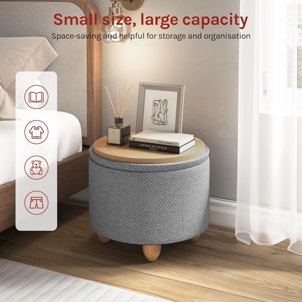 Pouf Contenitore con Coperchio, Pouf Poggiapiedi in Lino Grosso, Sgabello Tondo Salvaspazio con Gambe in Legno di Pino per Soggiorno, Corriodio, Camera, Ø 39x33 cm, Grigio Chiaro