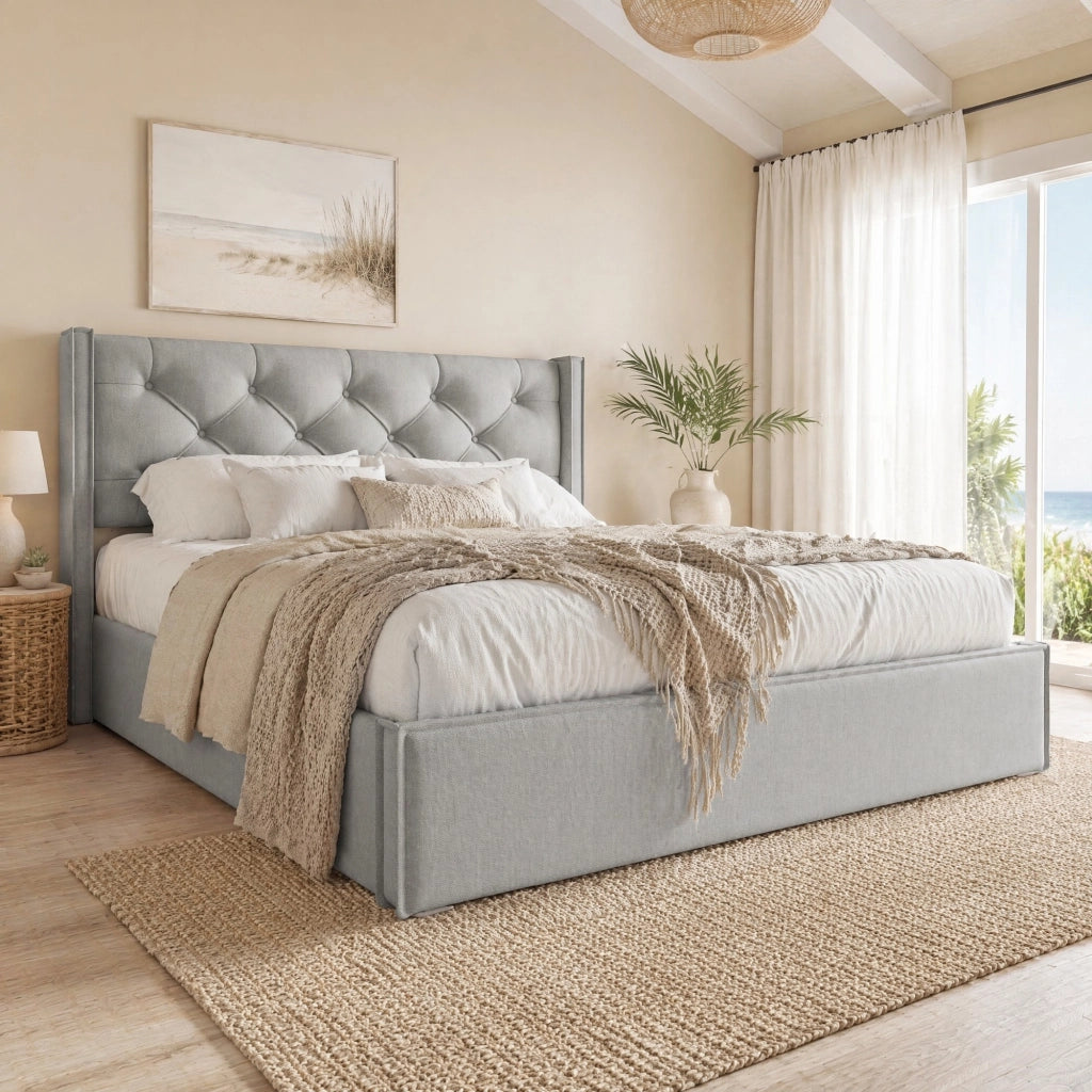 Letto matrimoniale imbottito 140x200 cm con rete a doghe in legno, contenitore sollevabile, grigio chiaro