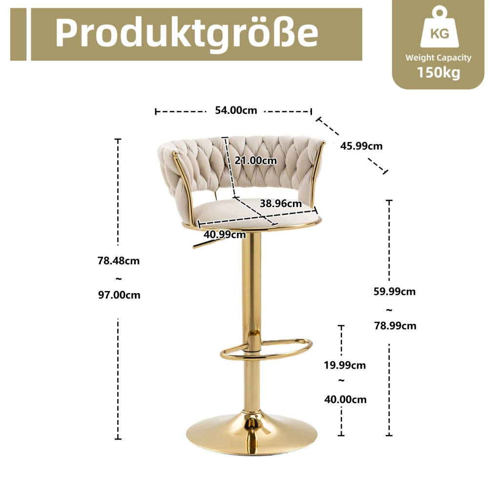 Set 2 sgabelli da bar girevoli 360° in velluto con altezza regolabile, seduta imbottita, base oro