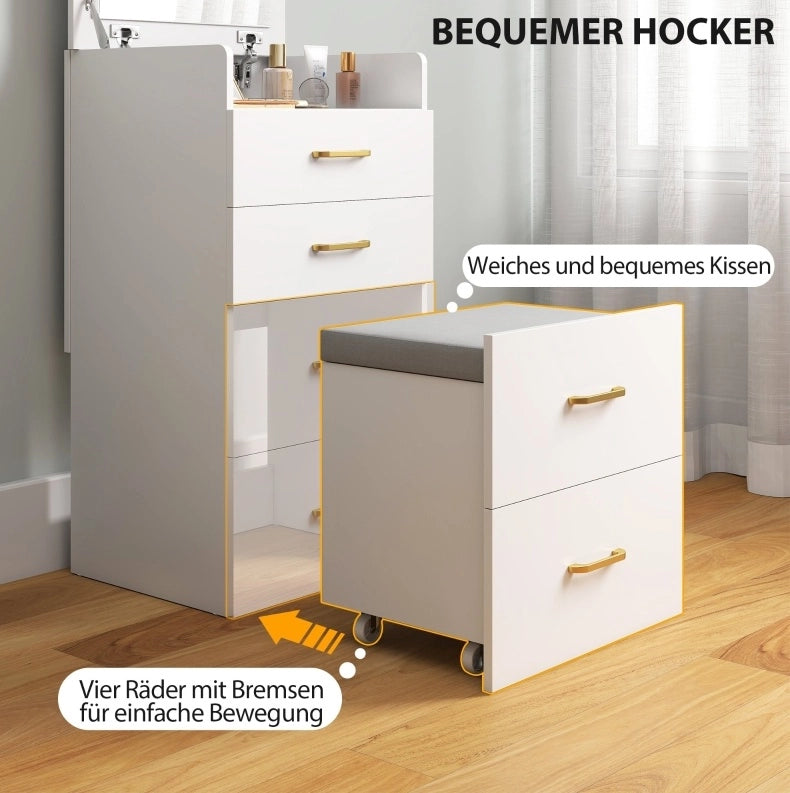 Toeletta 3 in 1 con specchio, comodino e sgabello bianco