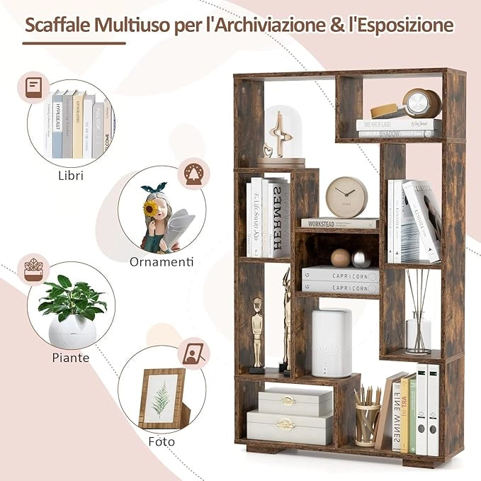 Libreria Geometrica 120 cm, Scaffale per Libri con Ripiani Aperti, Scaffale da Esposizione Moderno con Kit Anti-ribaltamento, Ideale per Casa Ufficio o Soggiorno (Marrone)
