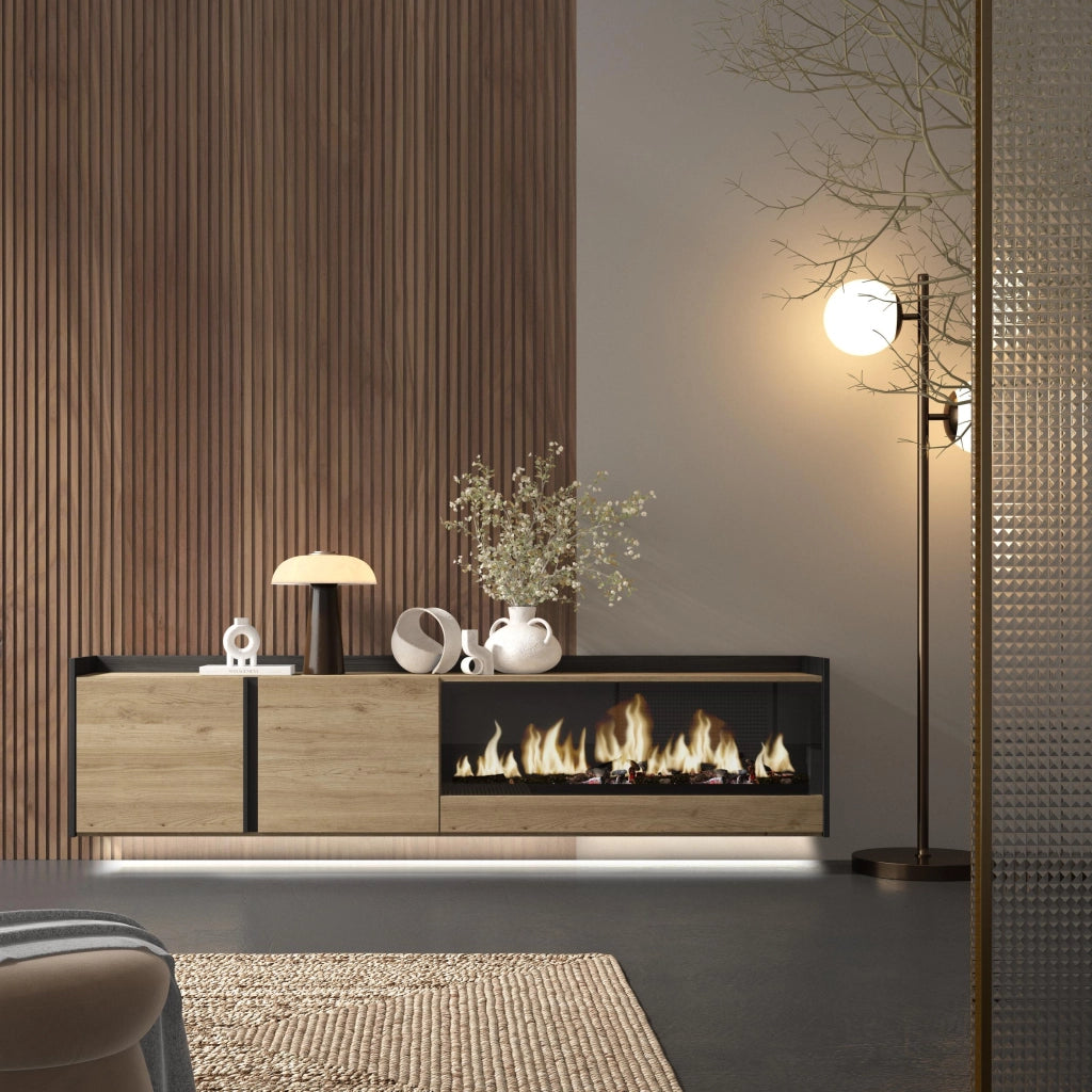 Mobile TV Soggiorno, 212x50x35 cm, Per TV fino a 80", Camino elettrico XXL, Sospeso, da appendere, LED, Rovere e nero