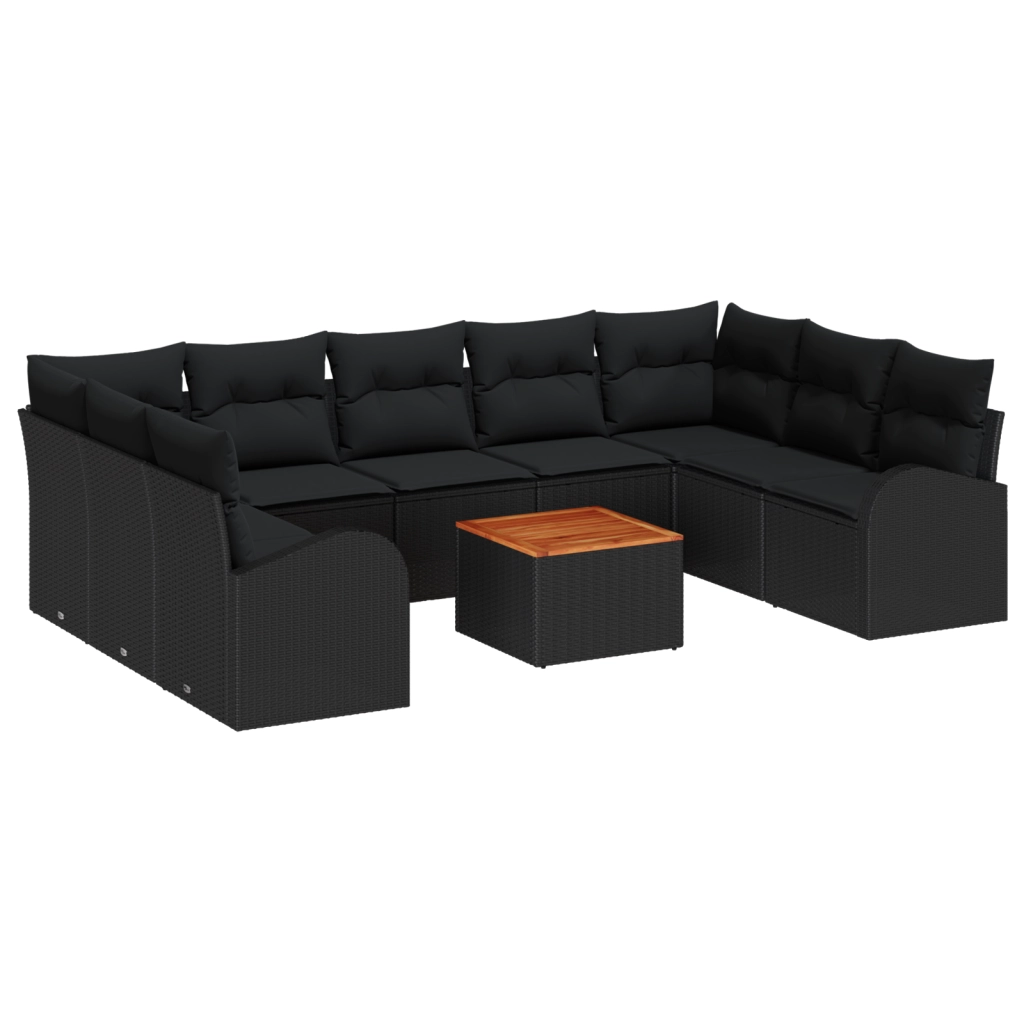 Set Divano Giardino 10 Pezzi con Cuscini Nero Polirattan Acacia
