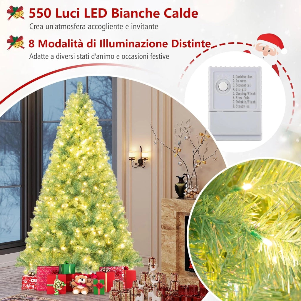 Albero di Natale 225 cm, Albero di Natale Preilluminato con 1300 Rami Folti, 550 Luci LED Bianco Caldo, 8 Modalità e Base, Decorazione Natalizia per Casa e Ufficio (Verde, 225 cm)