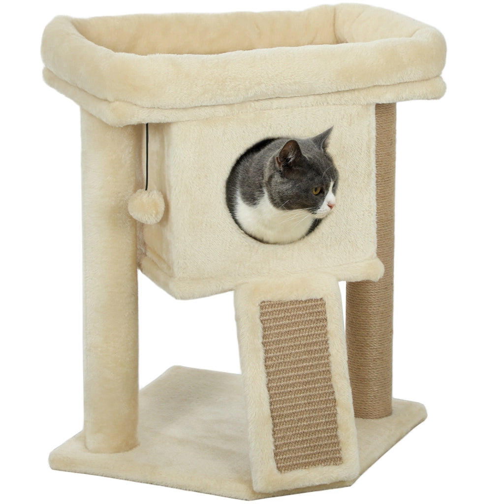 Tiragraffi per Gatti con Piattaforma, Palla e Casa ¨C Minimal ¨C Beige, 40x40x57 cm