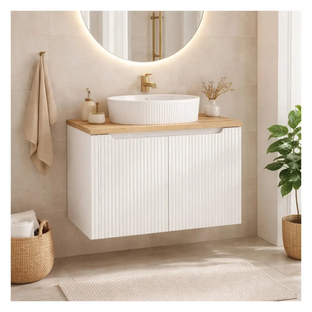 Set da bagno VANO bianco 80cm: mobile sotto lavabo con armadietti + piano per lavabo + lavabo da appoggio bianco scanalato