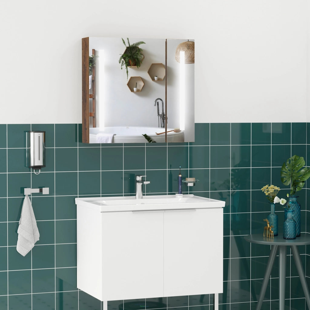 Specchiera Bagno con Luci LED Regolabili, 2 Ante e Mensola Regolabile, 70x15x65cm, Marrone