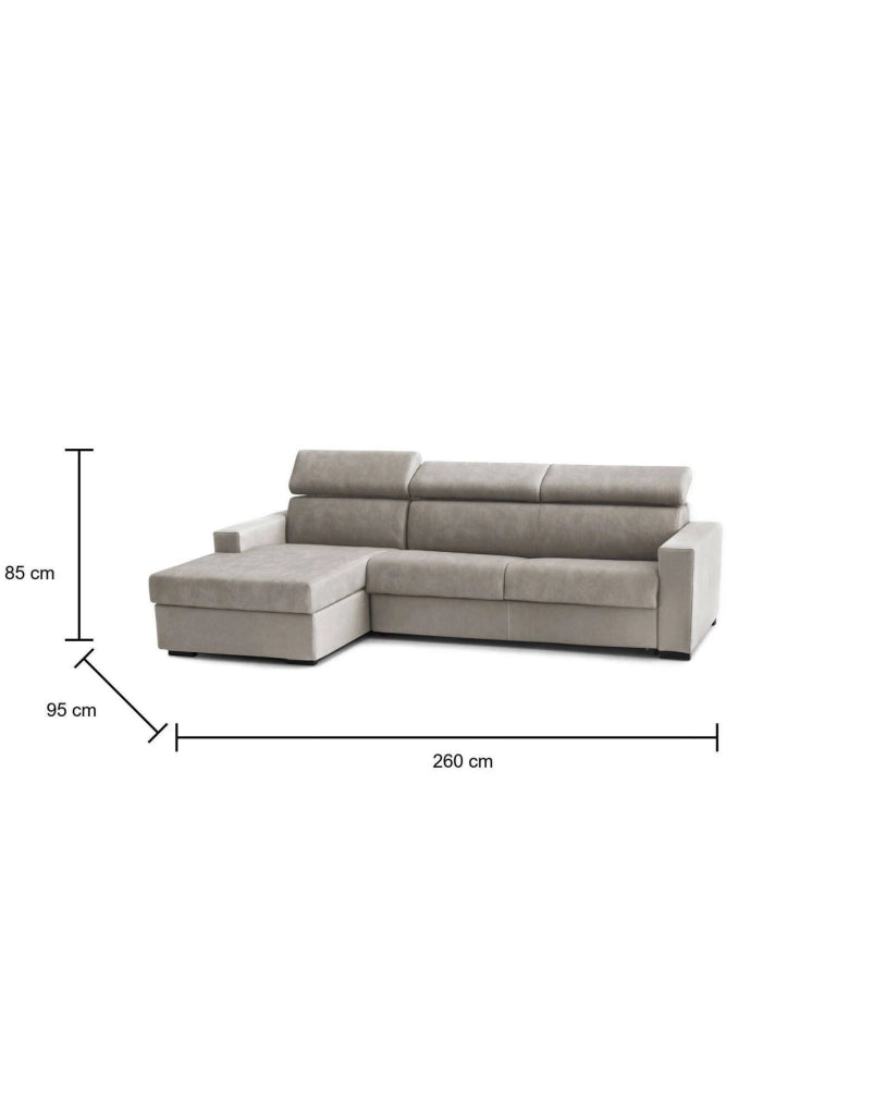 Divano Letto Aloet, Divano ad angolo, Made in Italy, SofÒ  con apertura girevole, con Penisola contenitore Sinistra, con Braccioli slim, cm 260x95h85, Tortora