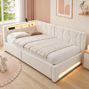 Letto contenitore 140x200 cm in metallo e velluto beige con LED e USB -