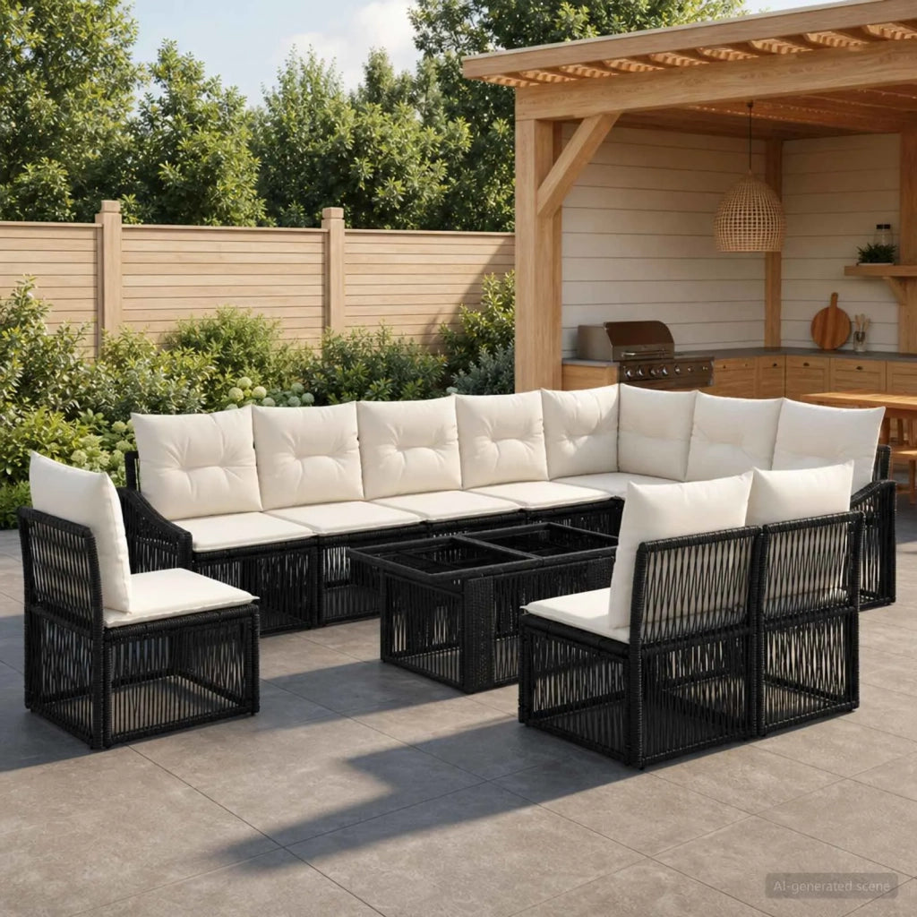Set Divano da Giardino 11 pz Nero e Bianco Crema polyrattan 3437263