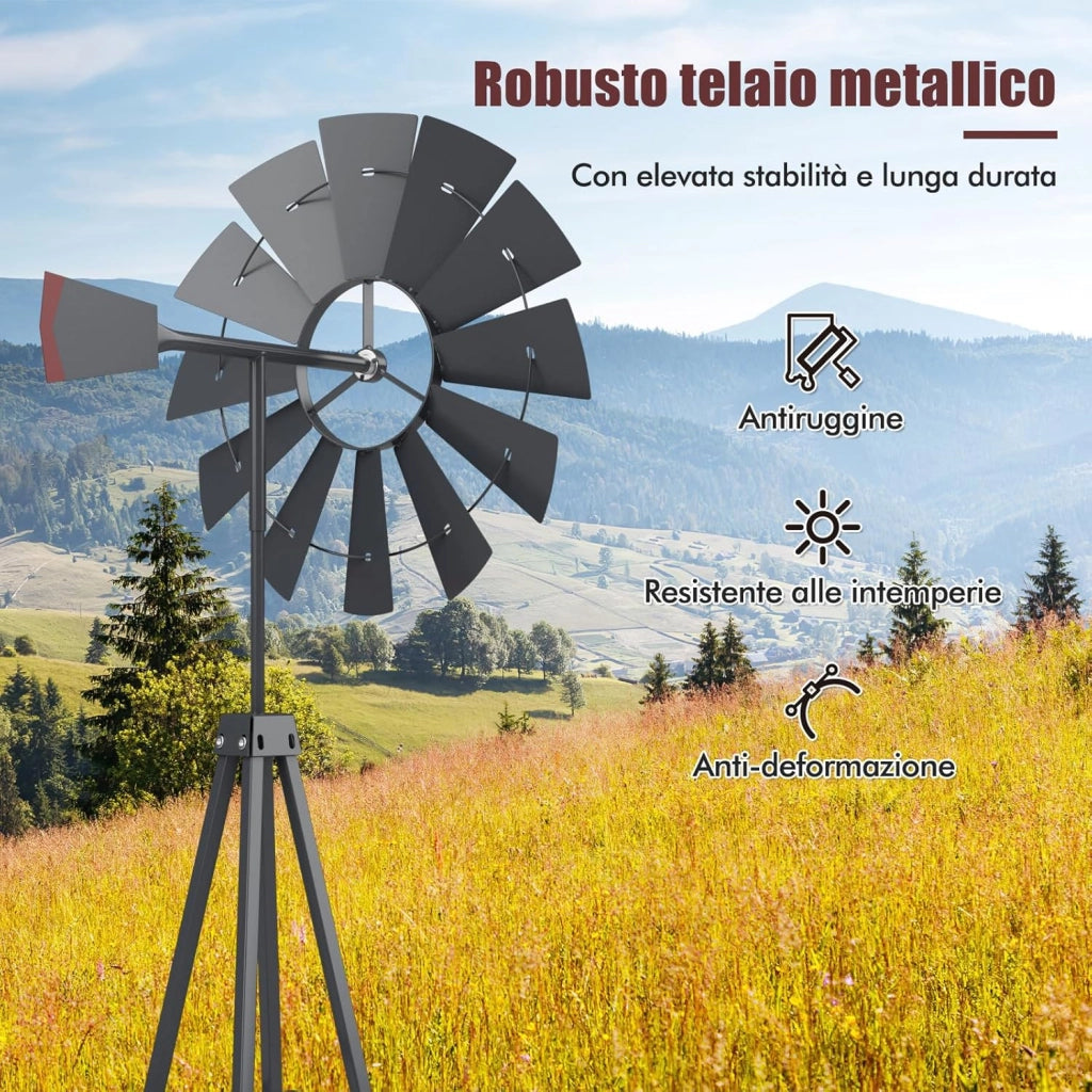 Mulino a Vento da Giardino Stile USA 245cm, Mulino a Vento con Cuscinetti a Sfera, Girandola, Sculture a Vento, Decorazione Esterno in Metallo per fattoria, giardino o parco (Grigio)