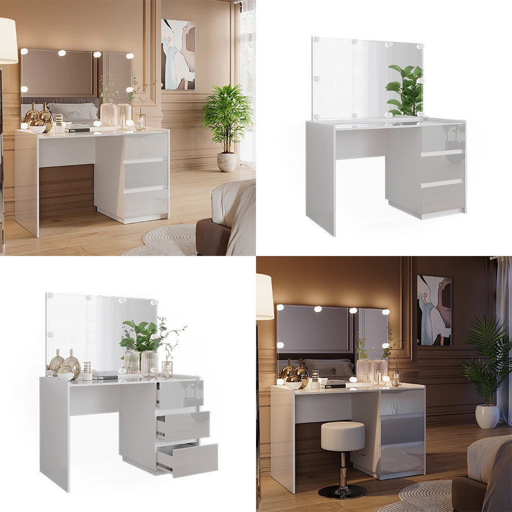 Vicco Tavolo da toilette Bianco lucido 120 cm con specchio, luci fiabesche a LED