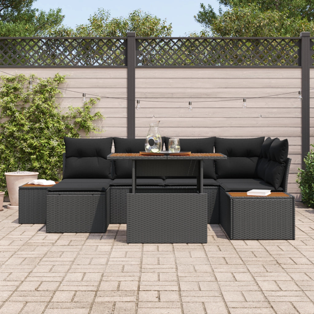 Set da Pranzo per Giardino da 7 Pezzi con Cuscini Nero Polyrattan Acacia