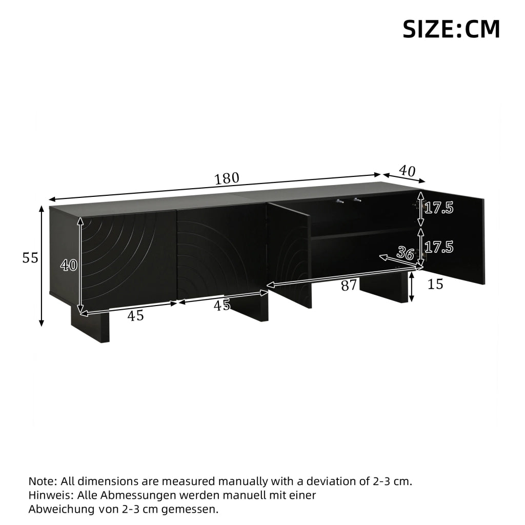 Mobile TV con 4 ante; per soggiorno; in pannello truciolare; 180×40×55 cm; nero
