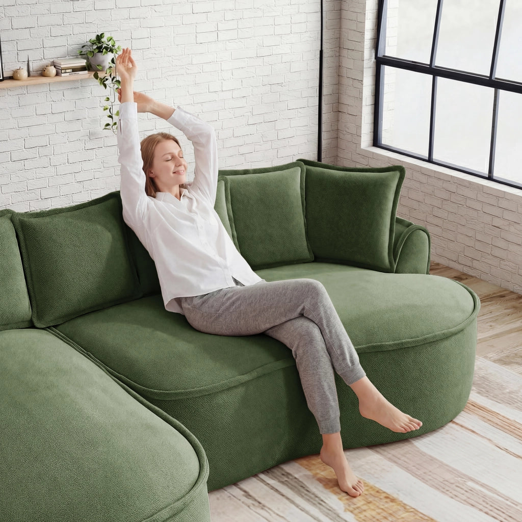 Divano Angolare Modulare con Chaise Longue ¨C MINIMAL ¨C Tessuto Chenille Verde, Cuscini