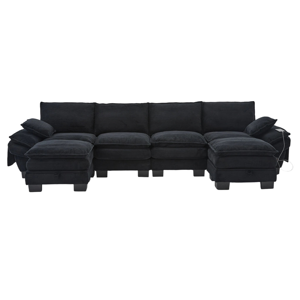 Divano modulare 4 posti in corduroy con 2 pouf e USB-C; 330 cm; nero