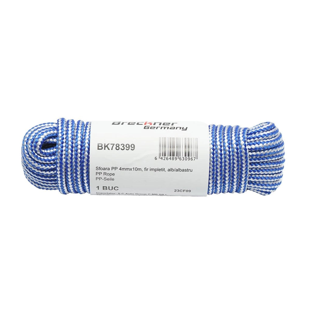 Corda PP intrecciata 4 mm x 10 m, bianca/blu, Corda multiuso in polipropilene Breckner Germany