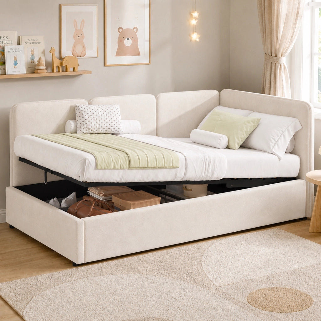 Letto contenitore 90 × 200 cm con sollevamento idraulico, lato reversibile, senza materasso, in velluto beige