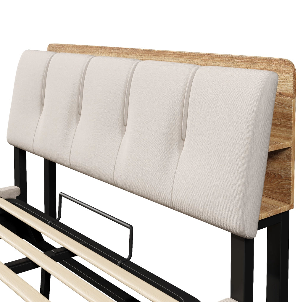 Letto imbottito con contenitore, USB e LED, 140 x 200 cm, beige