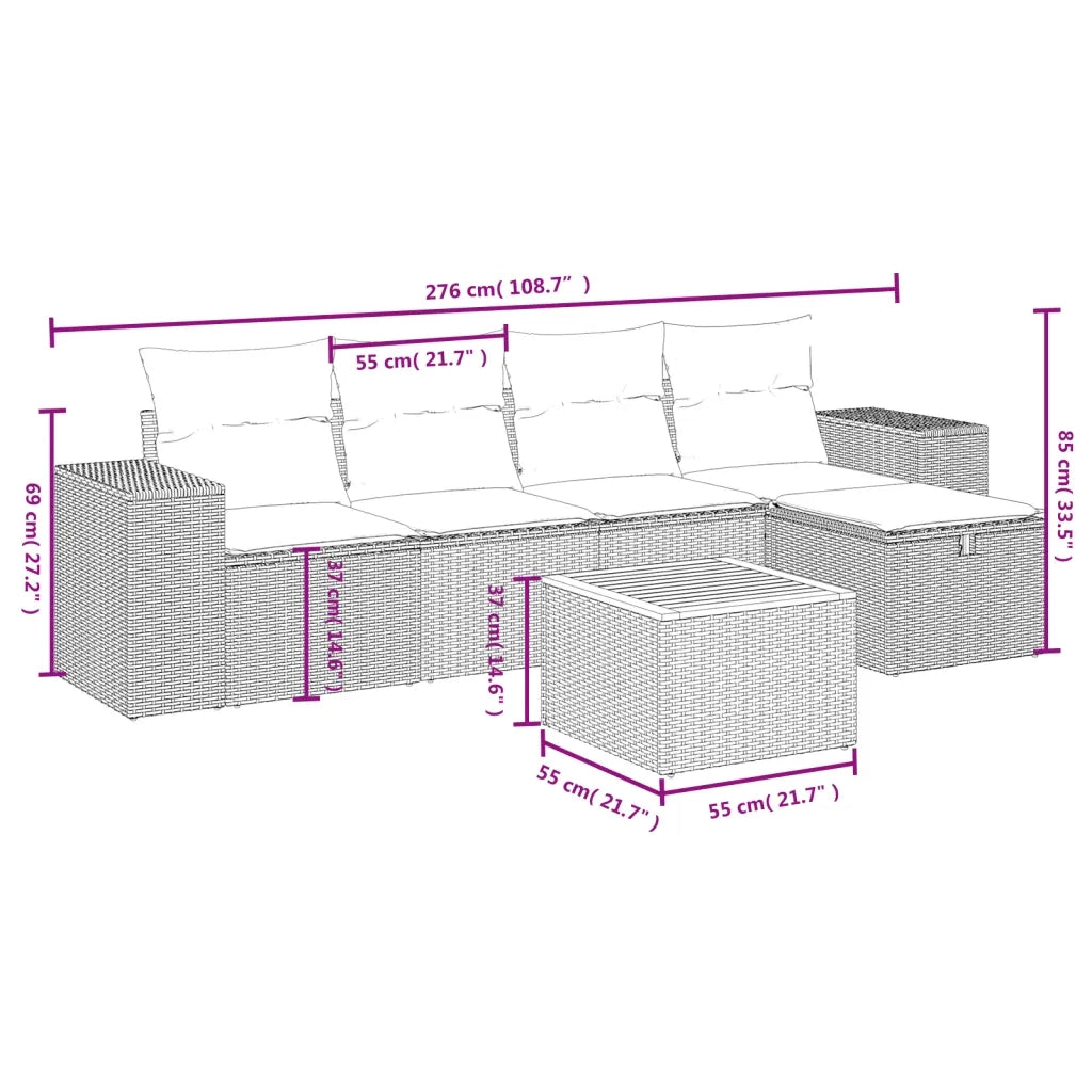 Set Divano da Giardino 6 pz con Cuscini Nero in Polyrattan 3265165