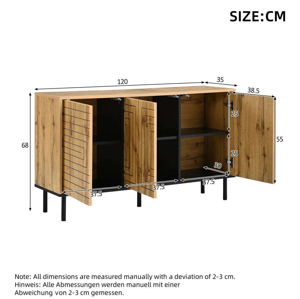 Credenza con 3 ante push-open e motivo ondulato, 120x35x68 cm, effetto legno