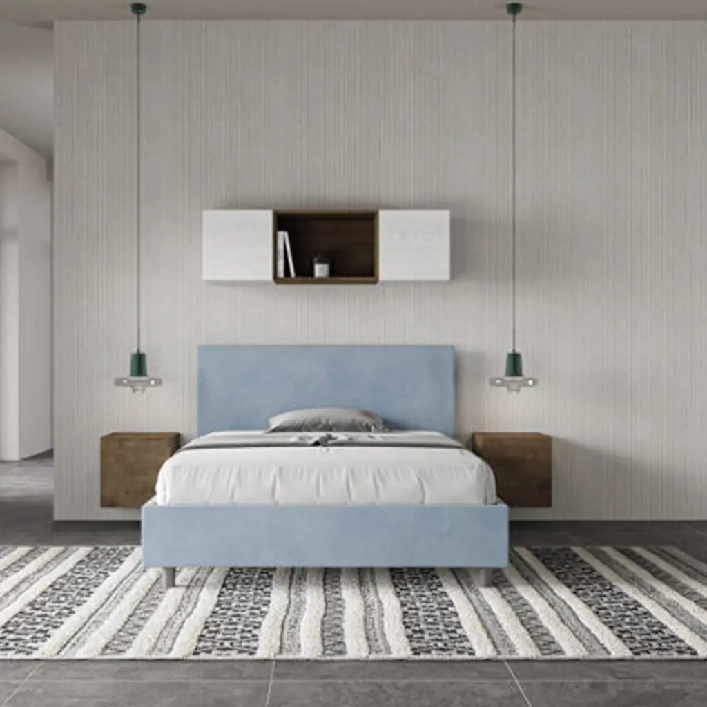 Letto matrimoniale francese contenitore imbottito 140x210 microfibra azzurro Adele
