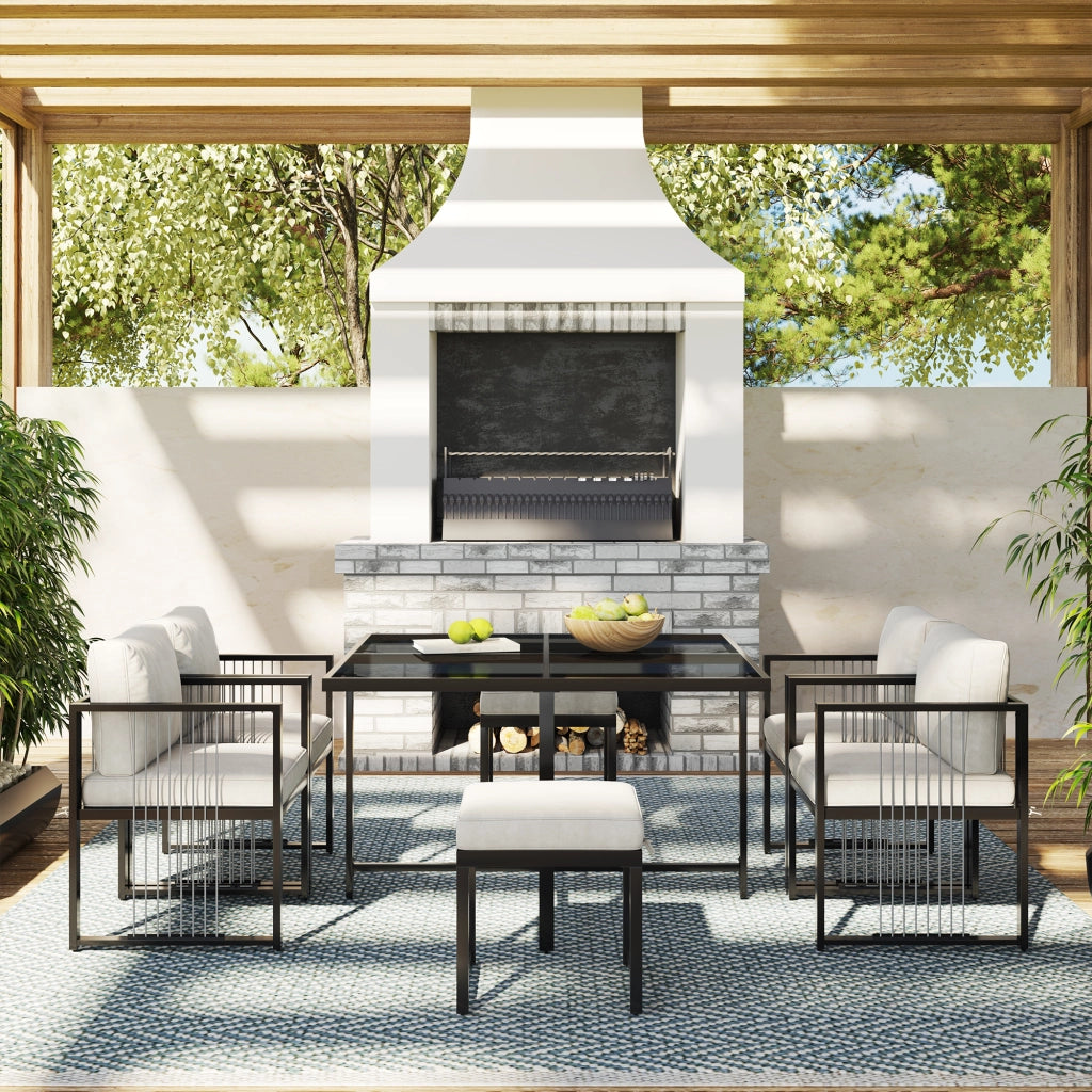 Set Tavolo e Sedie da Giardino con 1 Tavolo Quadrato; 4 Poltrone e 2 Poggiapiedi; Metallo; Vetro; Tessuto; Nero e Bianco