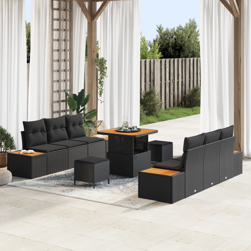 Set di divani da giardino 9 pezzi con cuscini Polyrattan nero Acacia