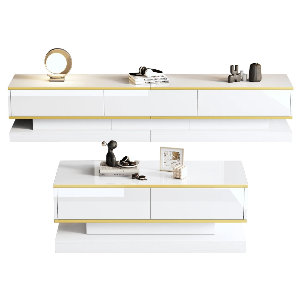 Set Mobile TV e Tavolino da Salotto ¨C MINIMAL ¨C Bianco Lucido, Cassetti, Oro