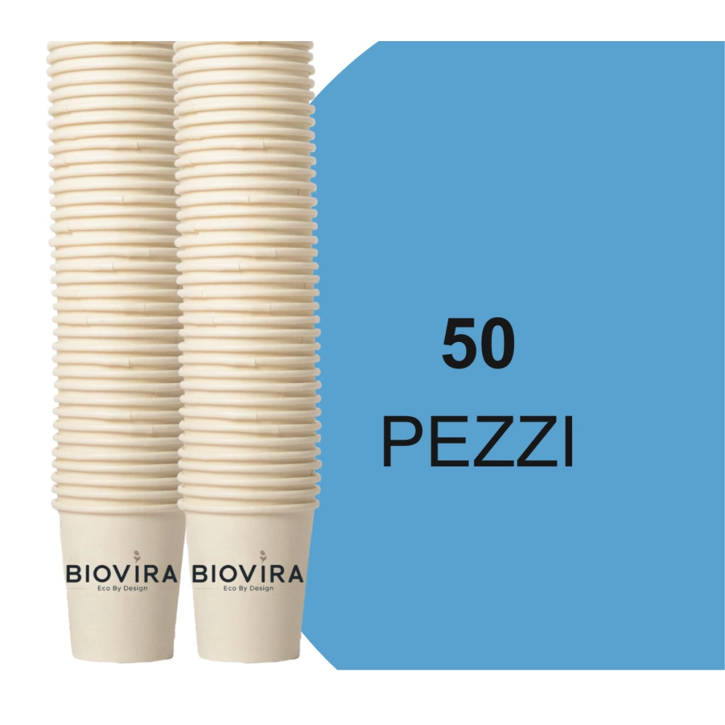 BIOVIRA 50 Bicchieri di Carta da 240 ml Monouso Biodegradabili – Ideali per Acqua e Bevande Calde e Fredde, Alternativa Ecologica ai Bicchieri di Plastica Usa e Getta per Feste e Ufficio