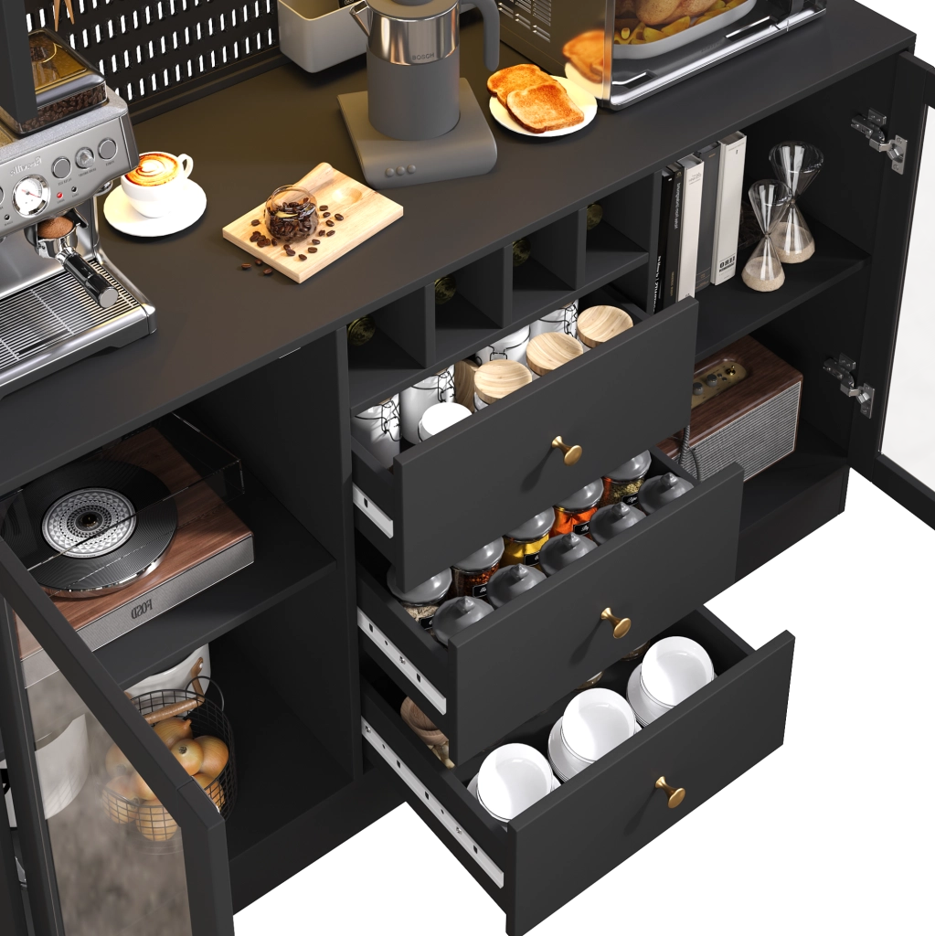 Credenza alta nera con LED smart, portabottiglie e vetrina