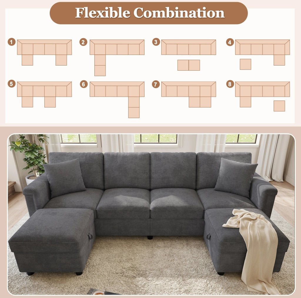 Divano modulare grigio in ciniglia 261x134x82 cm con 2 pouf contenitore; USB e Type-C