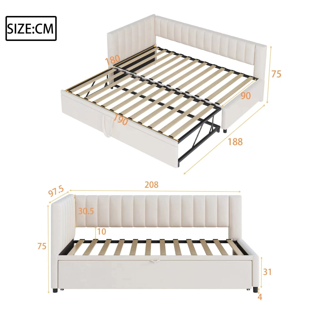 Divano letto L con letto estraibile 90x200 cm in velluto beige