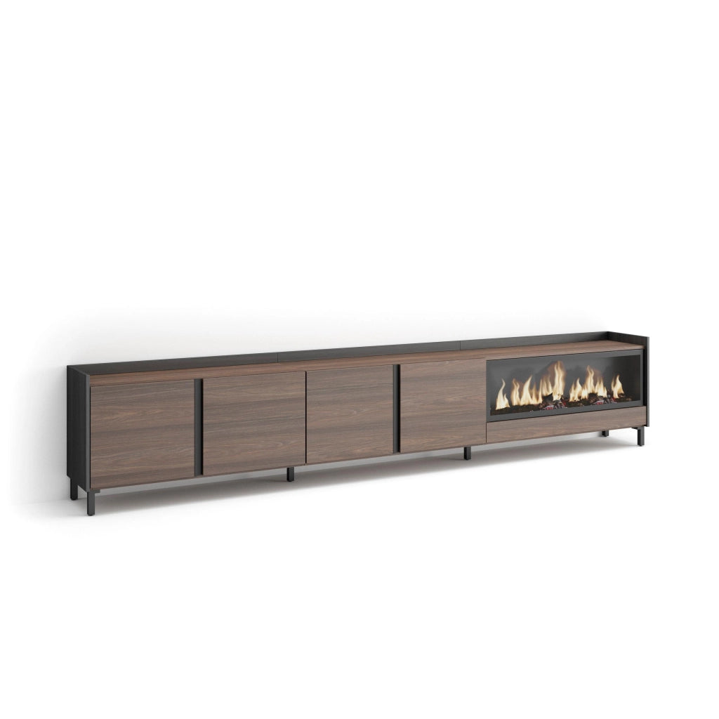 Mobile TV Soggiorno, 315x61x35 cm, Per TV fino a 80", Camino elettrico XXL, Design industriale, Rovere scuro e Nero