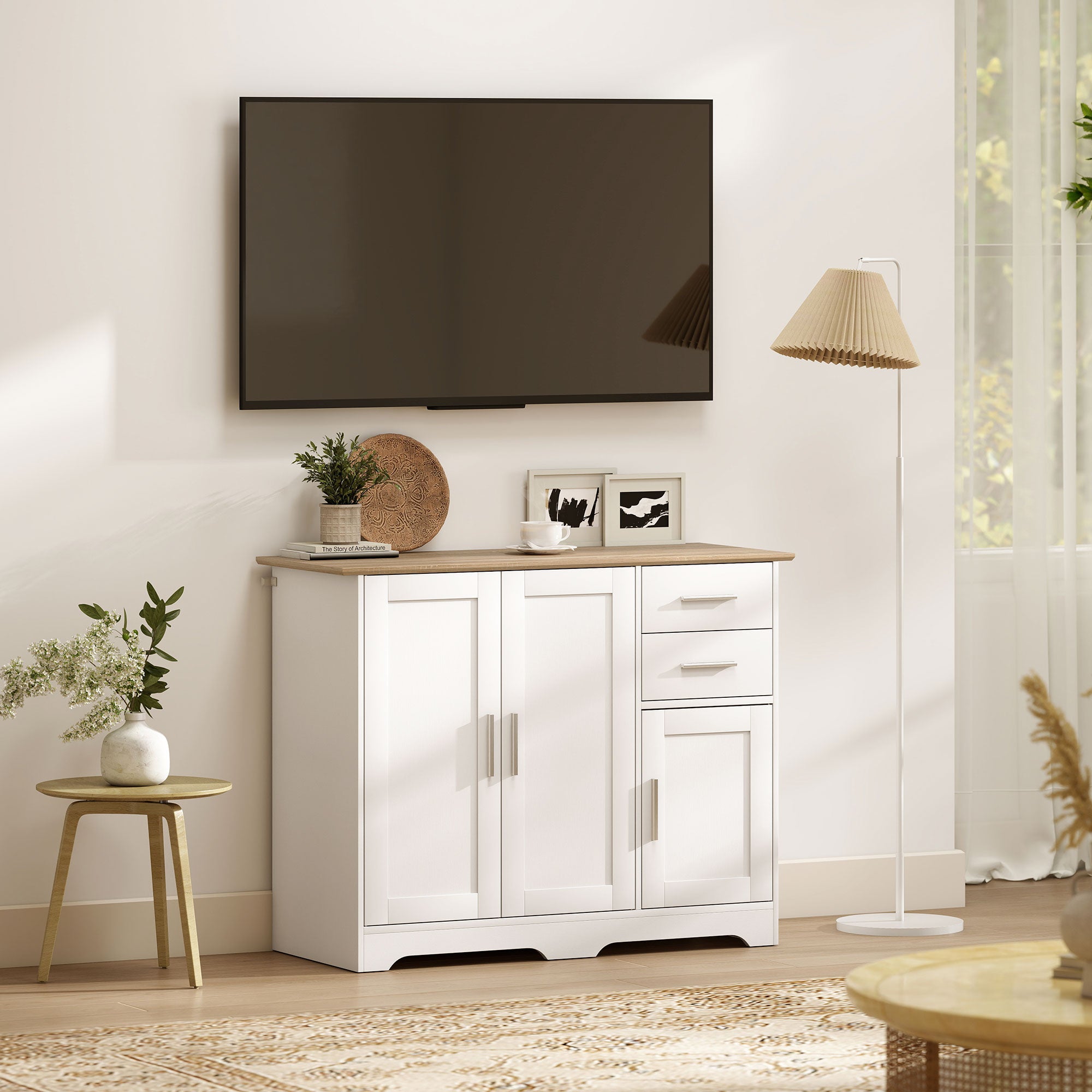 Credenza Moderna Buffet 100x40x78 cm con 2 Cassetti e 2 Armadietti in Legno Bianco e color Legno